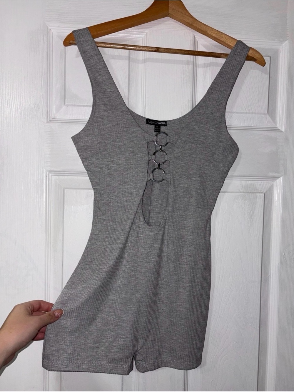 Fashion Nova Grey Ribbed Ring-Front Mini Romper Dress
